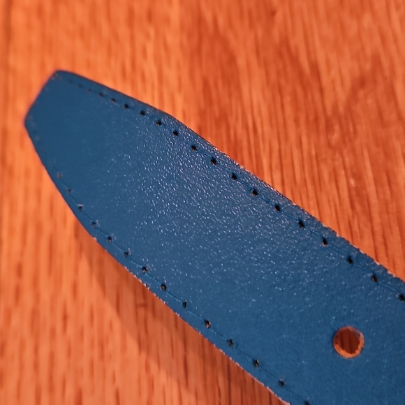 Teal Blue Leather Belt with Gold Buckle, Retro Vibes - Picture 5 of 8